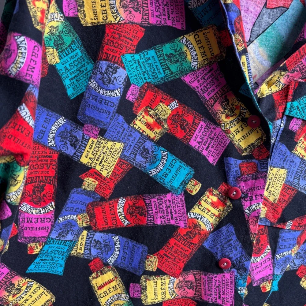 VTG Novelty Print Button Up Tunic Top Antique‎ Toothpaste Dentist Pop Art Retro